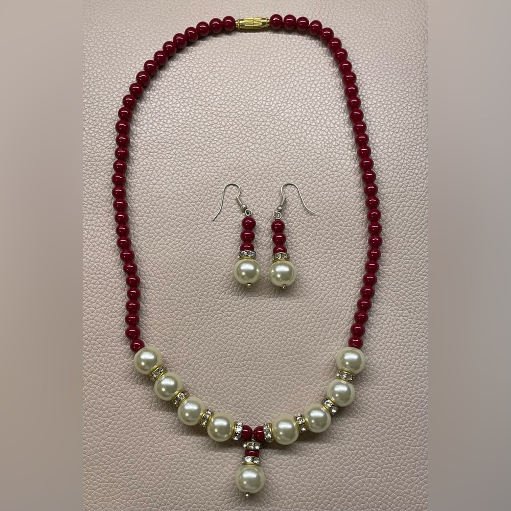 Red & Cream Faux Pearls w/ Clear Embellishments Necklace & Earrings